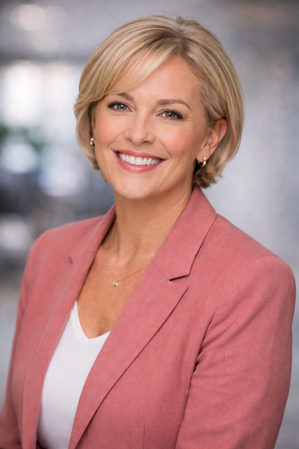 short haired blonde woman headshot short haired blonde woman headshot